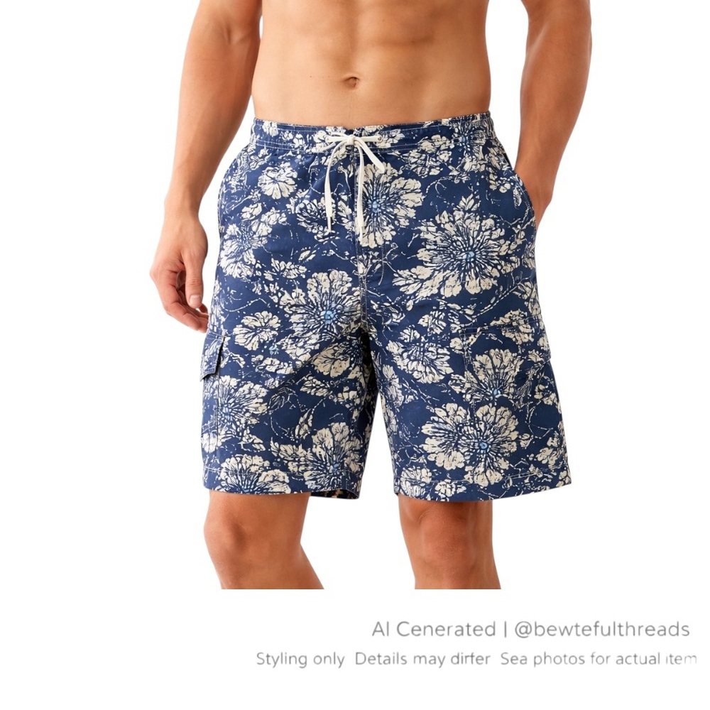 Lands’ End M Navy Floral Swim Trunks 9” Cargo Beach